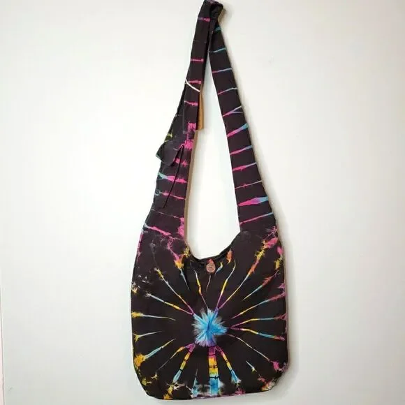 Tie Dye Crossbody Hobo Bag Rainbow Spiral Fabric Festival Purse Handmade Nepal - Picture 2 of 13